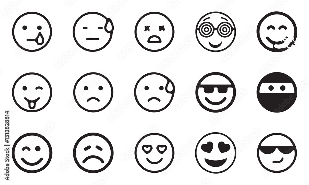 Emoji face icon in high-quality hand drawn style. Emoticons vector illustration on isolated background. Happy and sad face business emojis concept. Emoji face icon in high-quality hand drawn style. Emoticons vector illustration on isolated background. Happy and sad face business emojis concept.