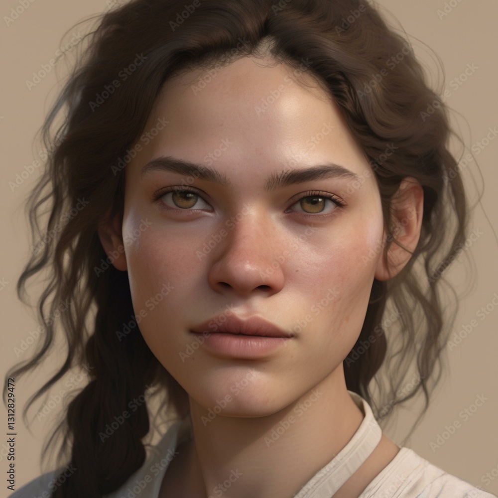 Fototapeta premium A highly detailed, hyper-realistic close-up portrait of an AI-generated human face. This digital artwork features lifelike skin textures, expressive eyes, and natural lighting.