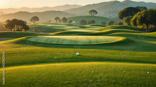 Luxurious golf course with rolling greens, sand traps, and a stunning landscape under golden sunlight
