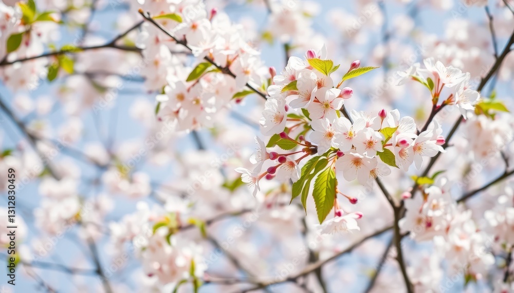 Obraz premium Zarte rosa Kirschblüten (Sakura) blühen an Zweigen vor einem strahlend blauen Himmel. Ein frisches und lebendiges Frühlingsmotiv. Generative KI.
