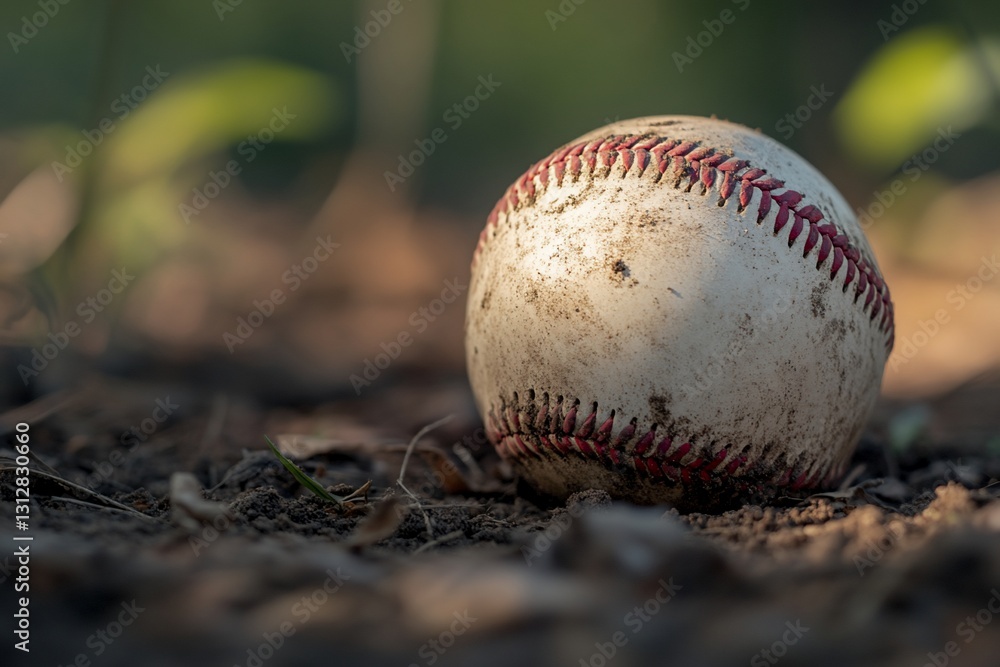 Dirty baseball resting on the ground. Dirty baseball resting on the ground.