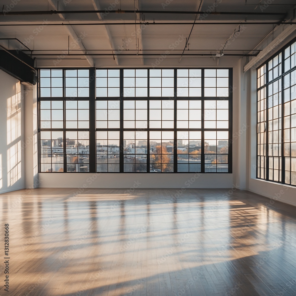 Fototapeta premium Sunlit empty loft interior with large windows and hardwood floors.