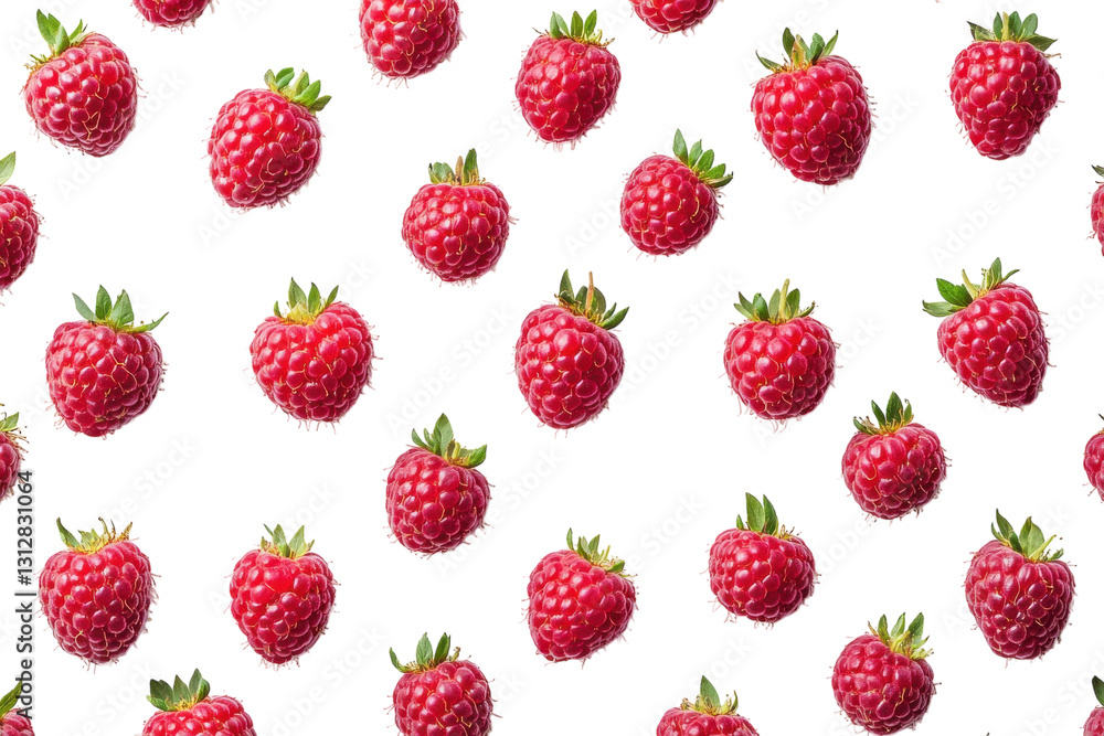 Fresh raspberries arranged in a repeating pattern against a plain white background for aesthetic appeal Fresh raspberries arranged in a repeating pattern against a plain white background for aesthetic appeal