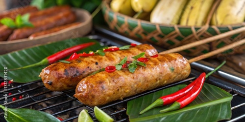 Delicious grilled sausages served with fresh herbs and chilies at a vibrant outdoor market celebration