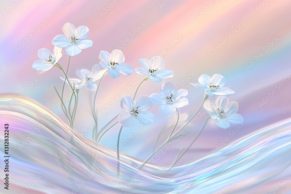 Obraz premium Delicate White Flowers on Abstract Holographic Background with Iridescent Waves
