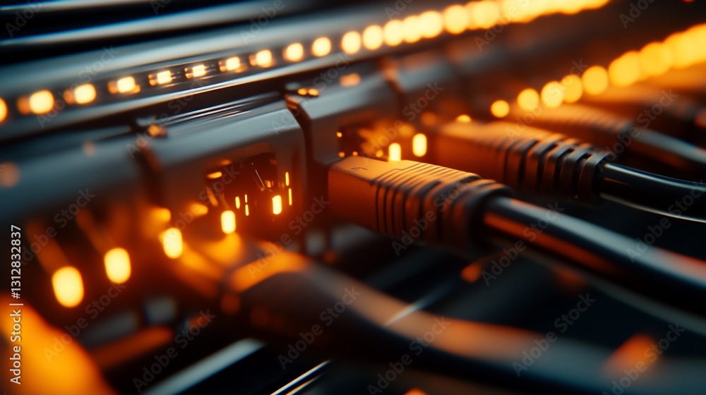 Close-up of network cables plugged into server ports, glowing orange. Close-up of network cables plugged into server ports, glowing orange.