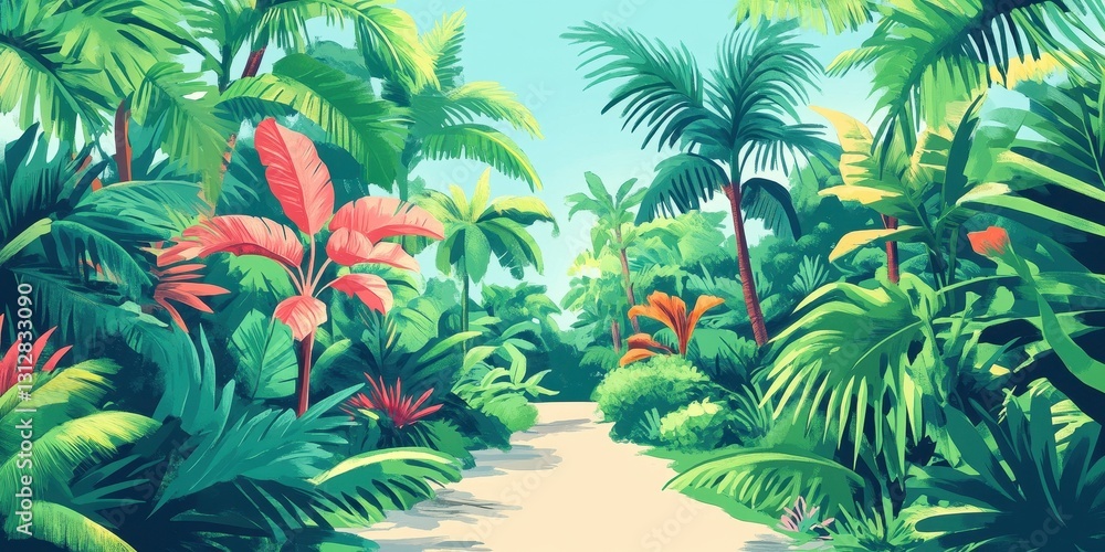 An artistic vibrant painting of a tropical forest with a pathway An artistic vibrant painting of a tropical forest with a pathway
