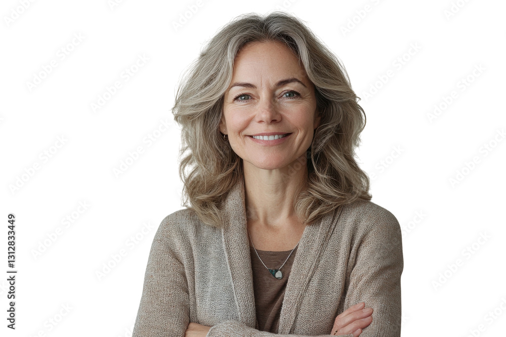 Woman with shoulder-length hair smiling confidently while standing against a clear background in a cozy setting Woman with shoulder-length hair smiling confidently while standing against a clear background in a cozy setting