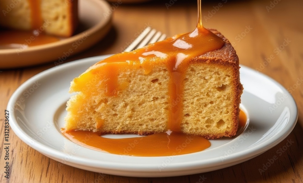 Delicious cake slice drizzled with caramel Delicious cake slice drizzled with caramel