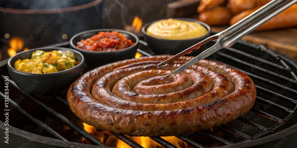 Grilling delicious spiral sausage with vibrant sauces on a barbecue before a summer gathering