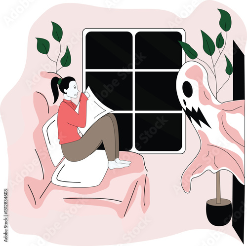 A digital illustration in a modern minimalistic style depicts a young woman sitting on a cozy pink armchair, hugging a pillow while looking fearfully at a ghostly creature emerging from the darkness. 