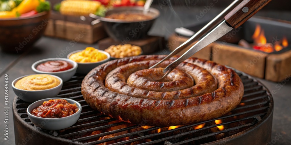 Grilling flavorful sausage with a variety of dipping sauces during a backyard barbecue gathering in the evening
