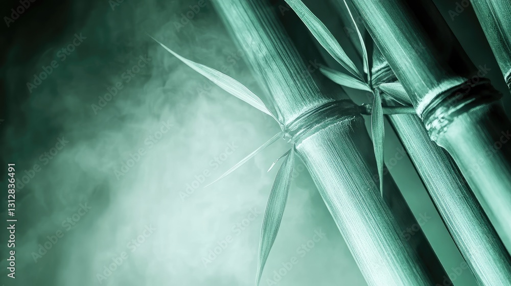 Obraz premium Bamboo stalks stand tall, illuminated in a misty, serene outdoor setting with a blurred background