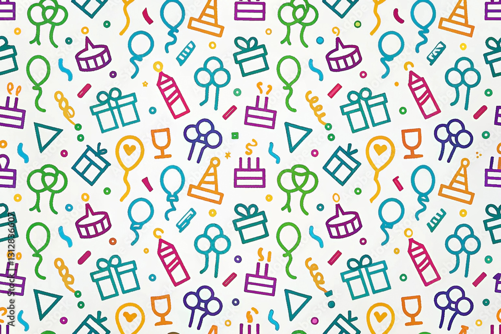 Colorful repeating pattern of birthday party icons. Colorful repeating pattern of birthday party icons.