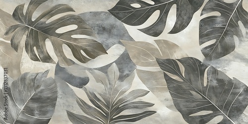 Tropical leaves in grayscale and beige tones, arranged artistically with an overlay of watercolor-like texture