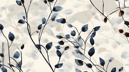 Watercolor-style floral pattern with delicate branches and translucent leaves in shades of blue and beige on a cream background