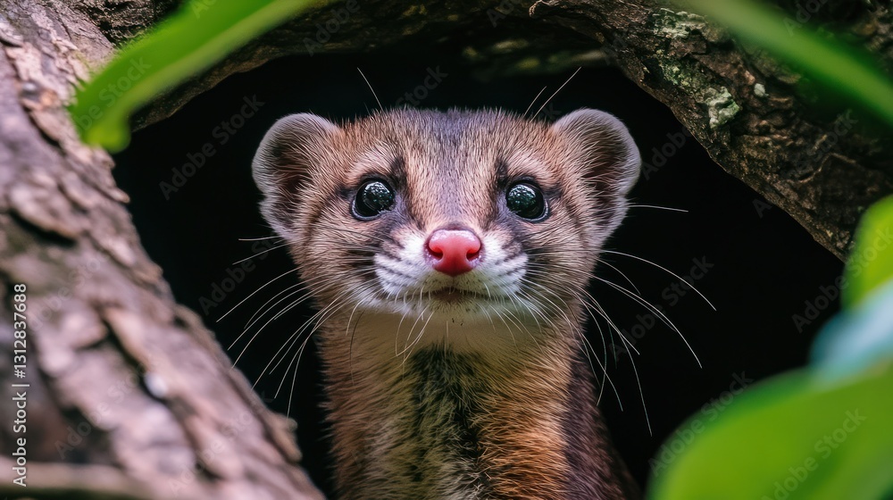 Curious Olinguito peering from rainforest tree hollow Curious Olinguito peering from rainforest tree hollow