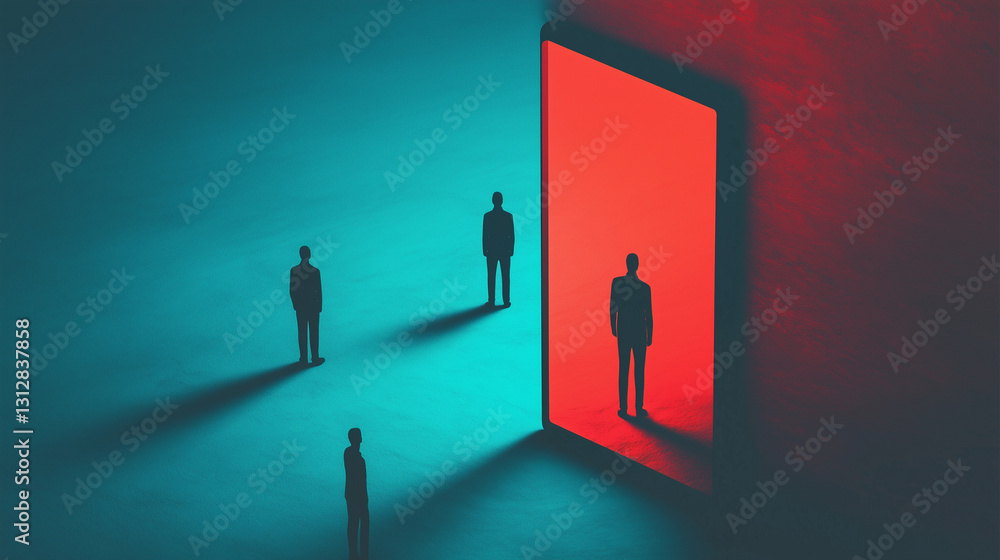 Concept of digital transformation, with people standing in front of a mobile screen Concept of digital transformation, with people standing in front of a mobile screen