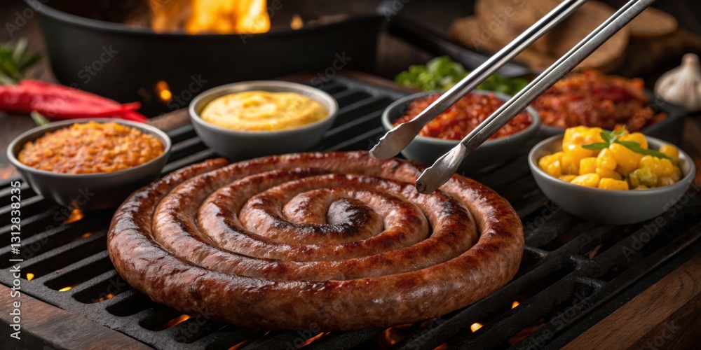 Savory spiral sausage being grilled with an array of sauces and garnishes at a rustic barbecue setup