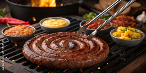 Obraz na płótnie Savory spiral sausage being grilled with an array of sauces and garnishes at a rustic barbecue setup w salonie
