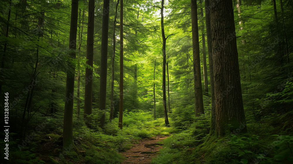 Obraz premium Sunlight streaming through lush forest canopy, highlighting verdant pathway and creating serene woodland atmosphere