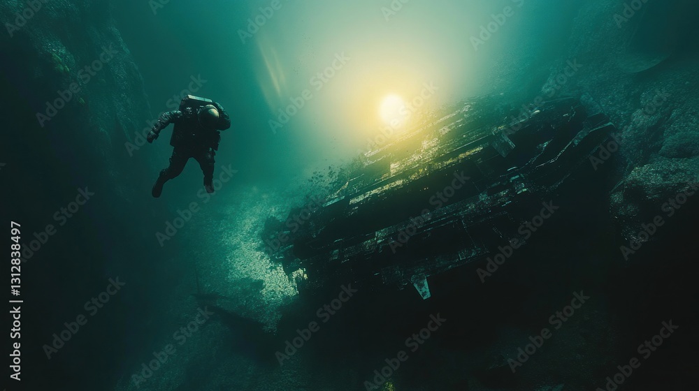 Underwater astronaut exploring sunken wreckage Underwater astronaut exploring sunken wreckage