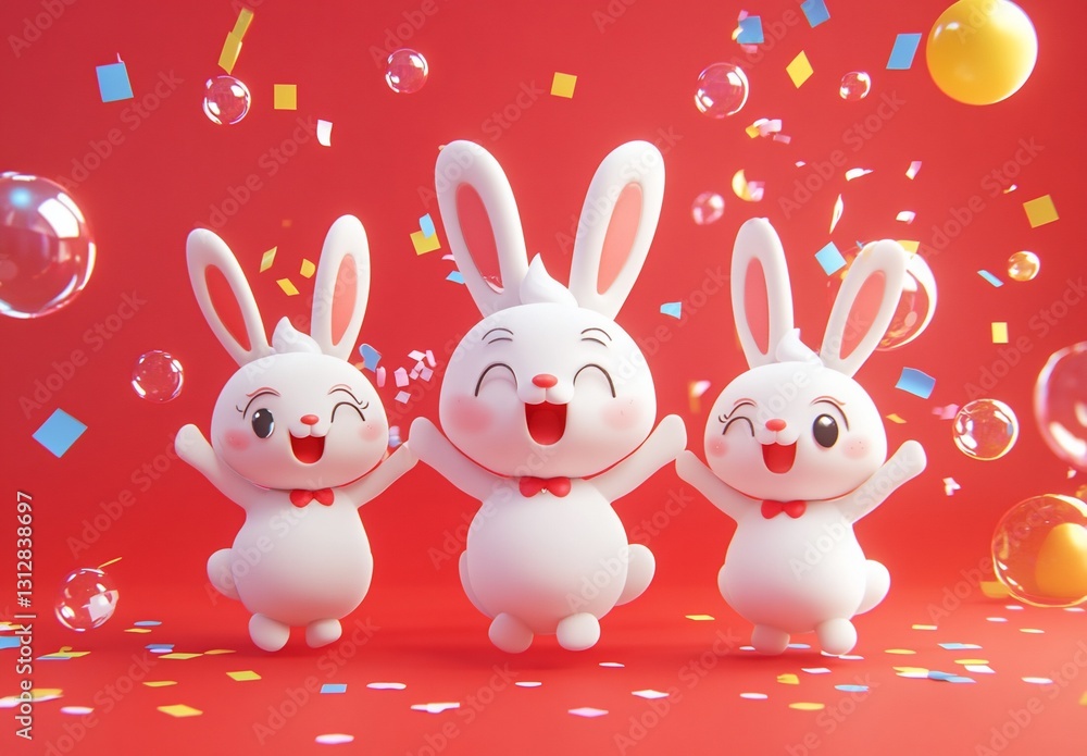 Three cheerful cartoon rabbits celebrating with confetti and bubbles on red background. Three cheerful cartoon rabbits celebrating with confetti and bubbles on red background.