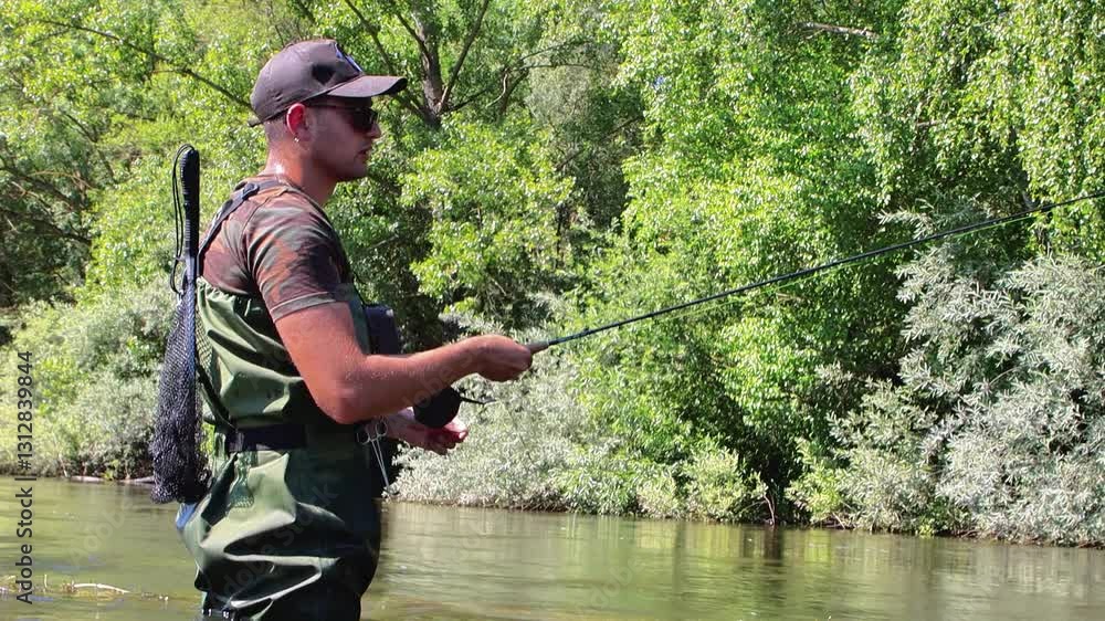 Fisherman casting line in river, multiple shots Fisherman casting line in river, multiple shots
