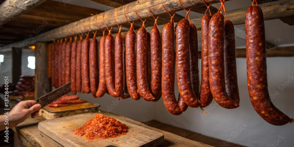Traditional sausage making process in a rustic setting with hanging cured meats and freshly prepared filling