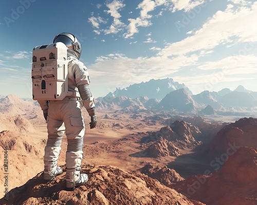 An astronaut stands observing a vast desolate and rocky planetary landscape
