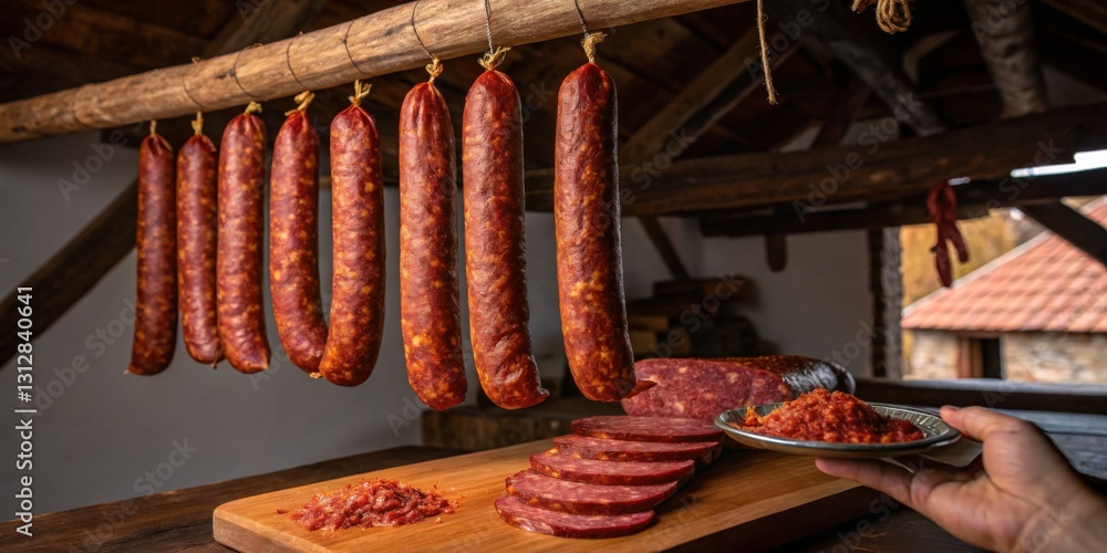 Traditional sausage preparation in a rustic kitchen with cured meats hanging from the ceiling