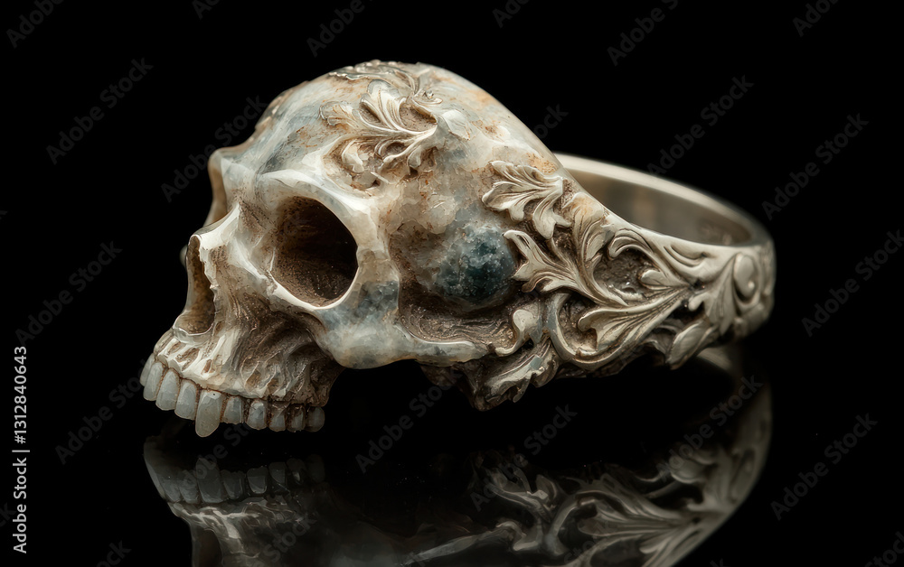 Silver Skull Ring with Ornate Detailing on Black Background Silver Skull Ring with Ornate Detailing on Black Background