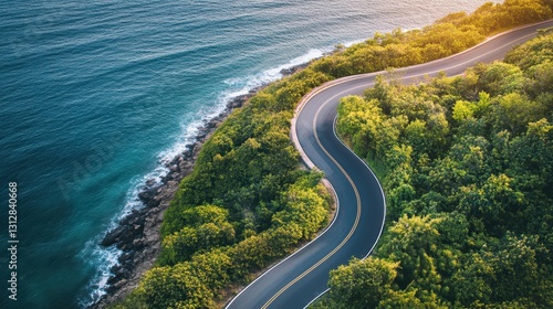 An aerial view showcasing a curved asphalt road winding along a picturesque coastline, with the ocean or sea in the background.