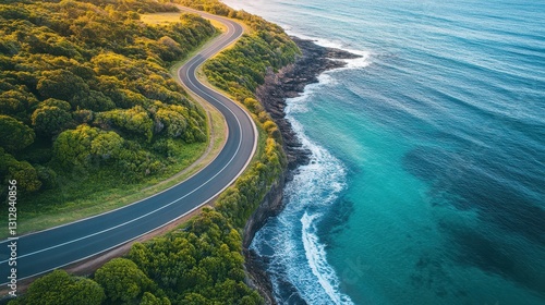 An aerial view showcasing a curved asphalt road winding along a picturesque coastline, with the ocean or sea in the background.