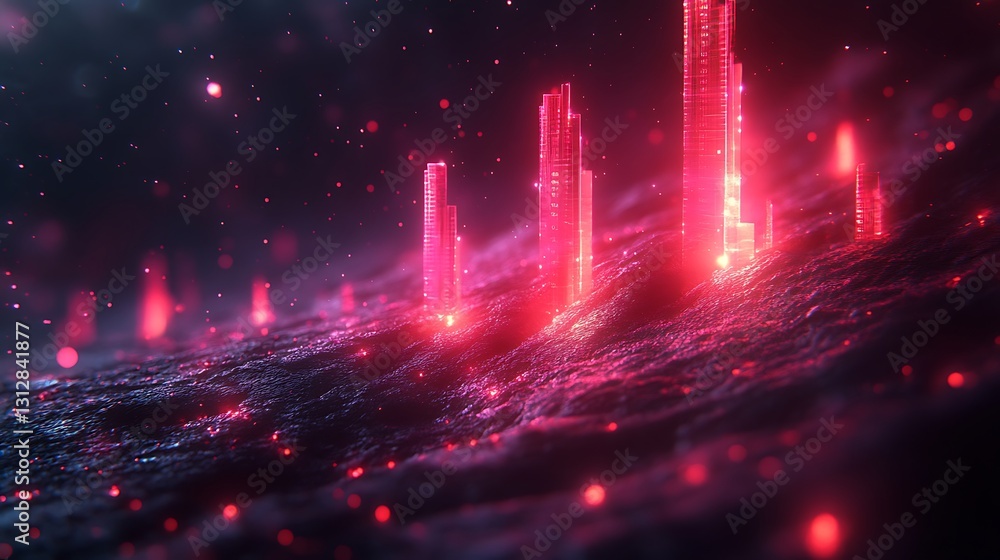 Illuminated futuristic city buildings rise from a rough dark landscape Illuminated futuristic city buildings rise from a rough dark landscape