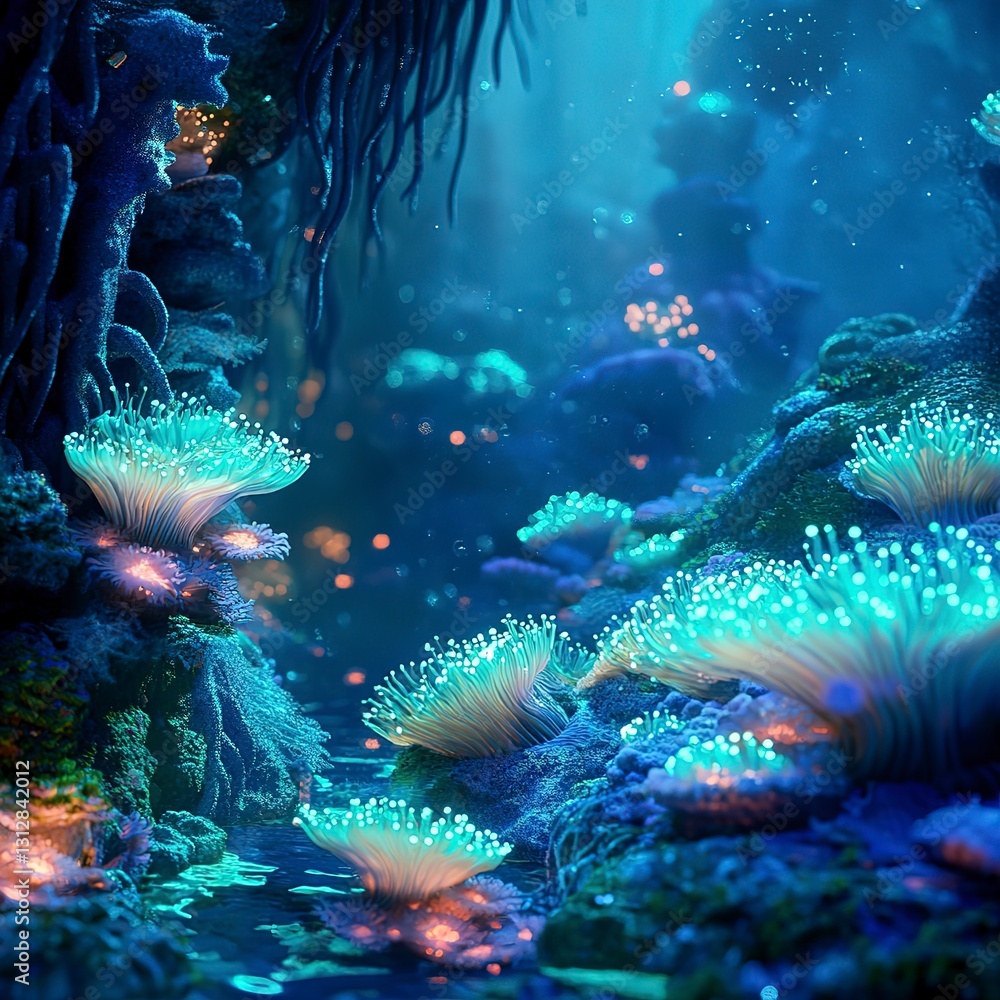 Dynamic underwater scene with glowing soft corals and swaying anemones, vibrant blue-green lighting creating a magical ambiance, ultra-detailed and immersive Dynamic underwater scene with glowing soft corals and swaying anemones, vibrant blue-green lighting creating a magical ambiance, ultra-detailed and immersive