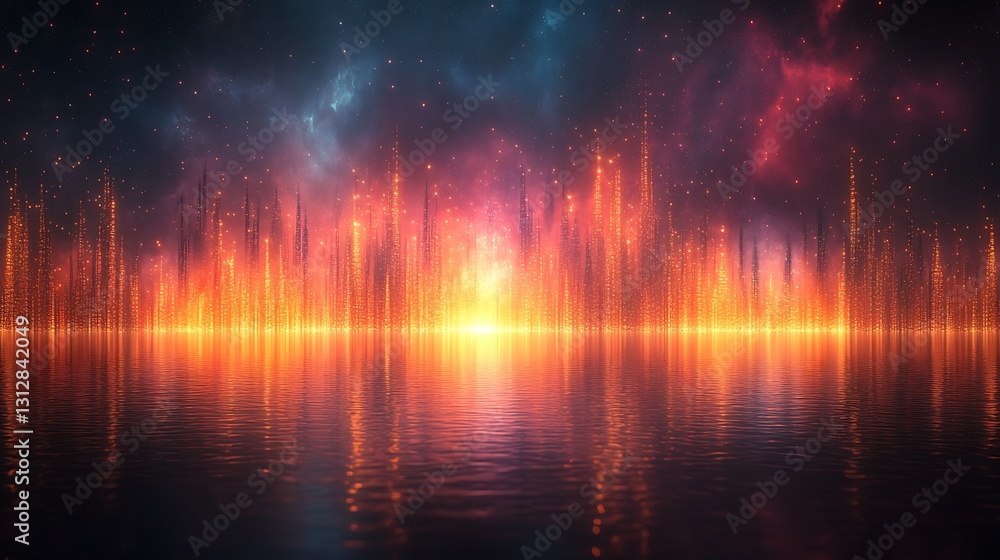 Fototapeta premium Abstract bright light reflection in water against dark background sky