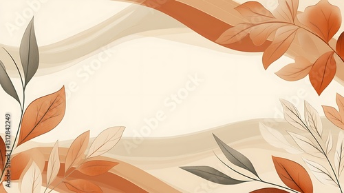 Abstract autumnal design with flowing lines and leaves in earthy tones. Ample space for text