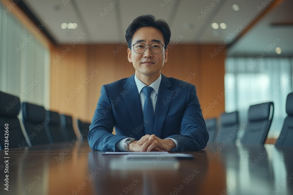 Business professional seated at a conference table in a modern office during a corporate meeting Business professional seated at a conference table in a modern office during a corporate meeting