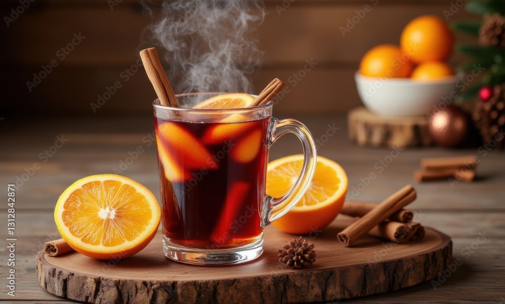 Warm mulled drink with orange slices Warm mulled drink with orange slices