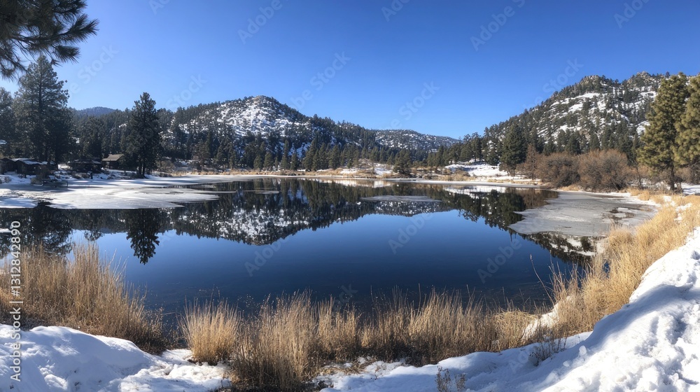 Winter Landscape, Frozen Pond, Mountains, Sunlight Winter Landscape, Frozen Pond, Mountains, Sunlight