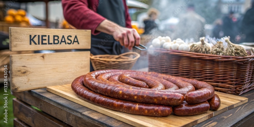 Delicious kielbasa being prepared at a bustling outdoor market during autumn festivities