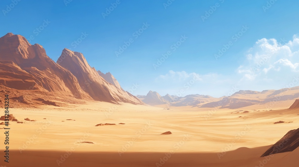 Fototapeta premium Expansive desert landscape with majestic mountains under a clear blue sky.