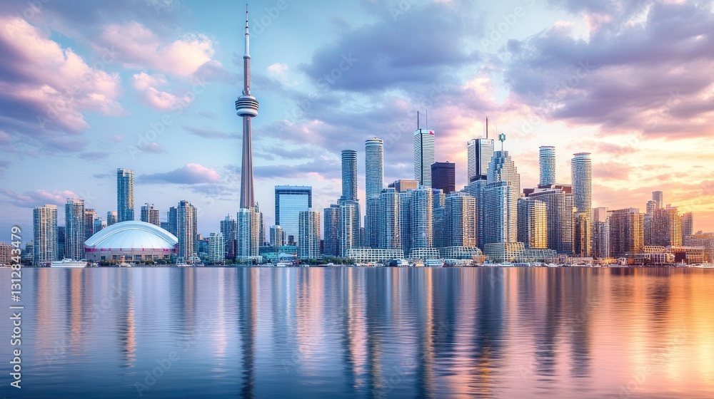 Fototapeta premium Cityscape view of tall buildings reflecting in the calm water
