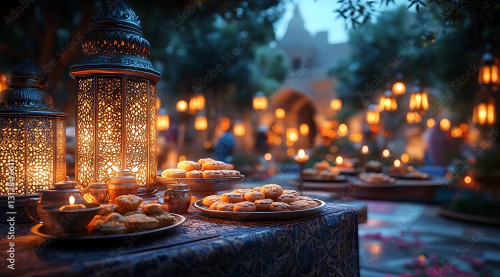 Obraz premium Outdoor Dining Setting with Lanterns, Tableware, and Pastries