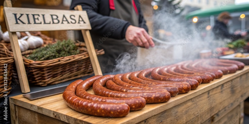 Grilling kielbasa sausage at a winter market in a festive outdoor setting