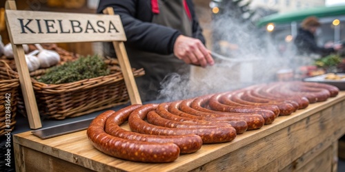 Obraz na płótnie Grilling kielbasa sausage at a winter market in a festive outdoor setting w salonie