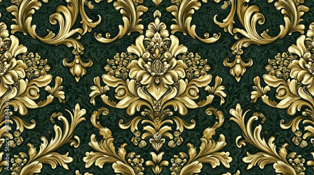 Gold Baroque Pattern on Dark Green Background Gold Baroque Pattern on Dark Green Background