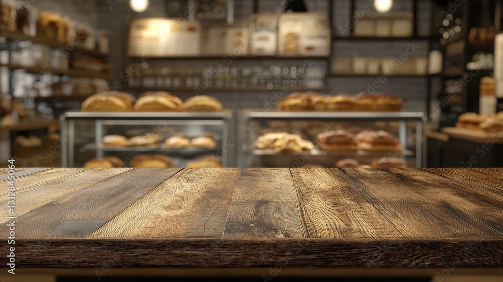 An empty wooden table in the foreground with a blurred bakery display in the background. An empty wooden table in the foreground with a blurred bakery display in the background.