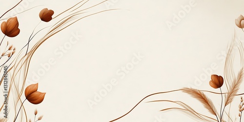 Elegant minimalist design featuring delicate brown flowers and grasses against a creamy beige background. Ample copy space